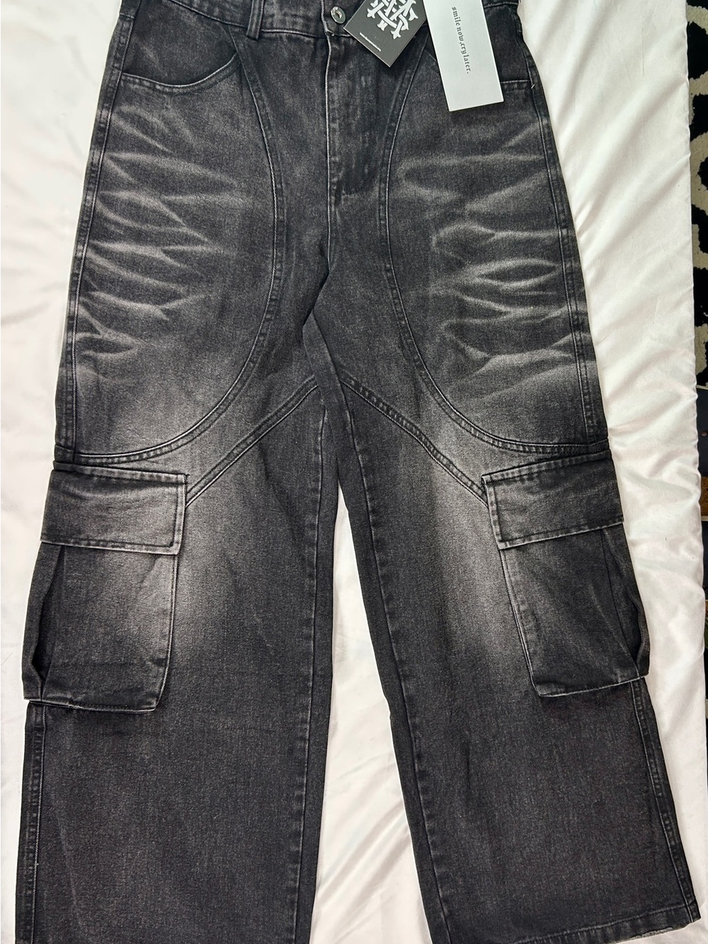 Supermade Black Washed Cargo Jeans L Baggy Wide Leg Y2K Streetwear